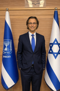 Man with flags in government setting